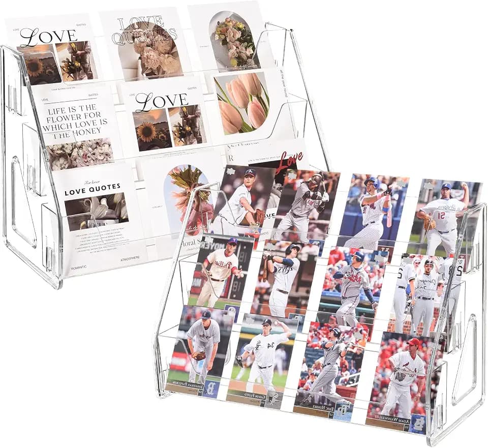CELSOL 2 Pack Upgraded 3 Tier Acrylic Card Display Stand, Clear Display for Trading Cards, Greeting Cards, Sports Cards, Postcards, Stickers & Brochures, Easy Snap-On, Increased Height & Thickness for Better Presentation