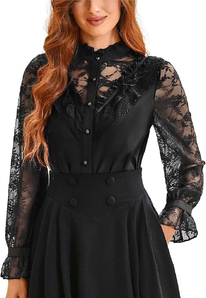 SCARLET DARKNESS Damen Mittelalter Spitzenshirt Stehkragen mit Rüschen Langarm Viktorianisches Bluse Schwarz S