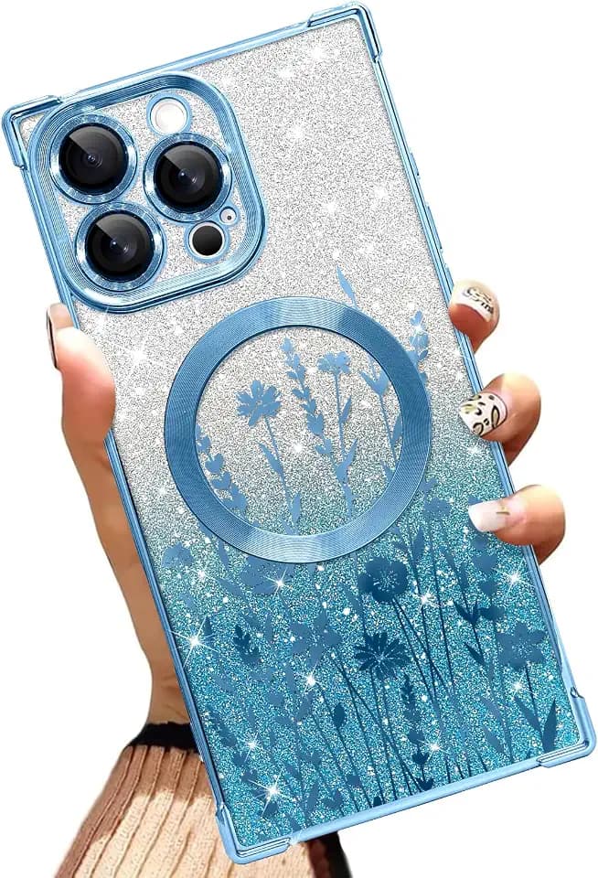 Glitter Phone Case Made for iPhone 16 Pro Max 6.9 in, Blue Flowers