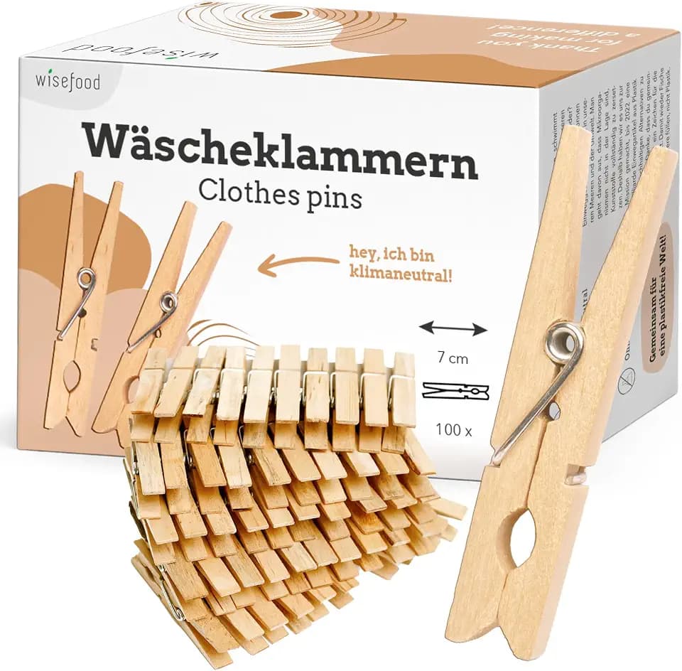 wisefood Wäscheklammern, 100 Stück naturfarbene Holzklammern aus Birkenholz 7cm, stabile und splitterfreie Holzwäscheklammern, zum Wäscheaufhängen, Basteln und Dekorieren