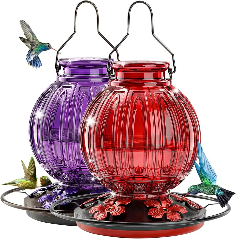 2 Pack Glass Hummingbird Feeder for Outdoors Hanging, Bird Nectar Feeder with Perch & 5 Flower Feeding Ports, 26 Oz Leak Proof for Outside Garden Decor Backyard, Gifts for Women Mom, Red + Purple