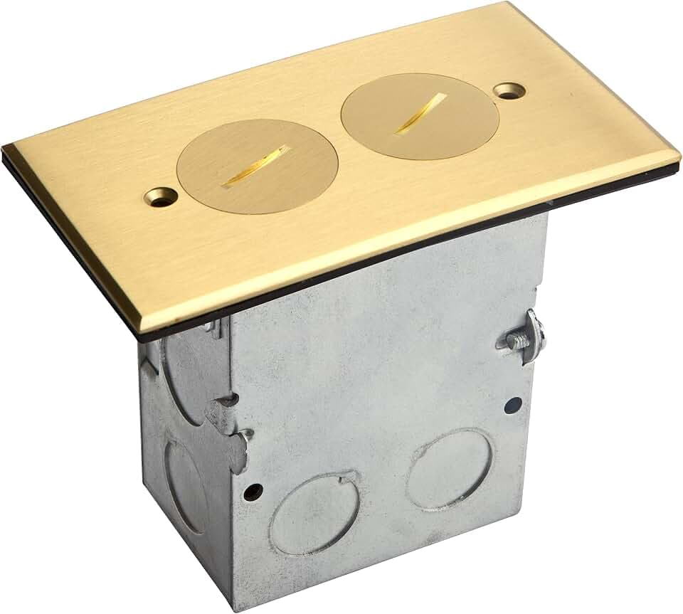 ENERLITES Screw Cap Floor Box Kit, 5"x2.8", 20A Duplex Outlet, Brass