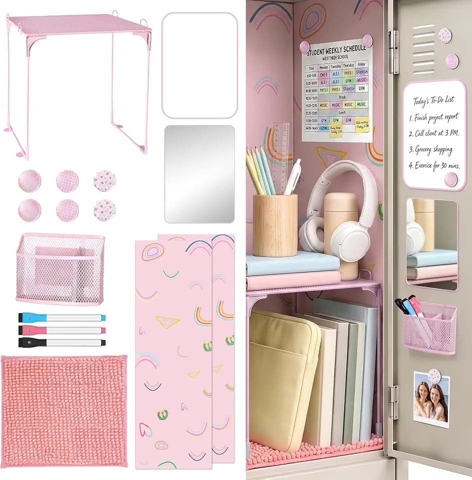 AKONEGE 16 Pcs Locker Accessories Pink Locker Organizer & Decorations