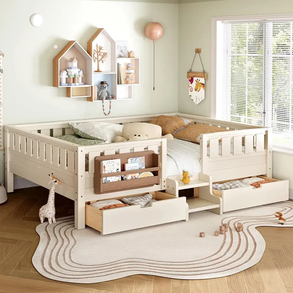 Bellemave Queen Size Kids Montessori Bed with Stairs and Bookshelf,Solid Wood Queen Size Kids Bed Frame with Drawers and Storage for Girls Boys,Low-Profile,Beige