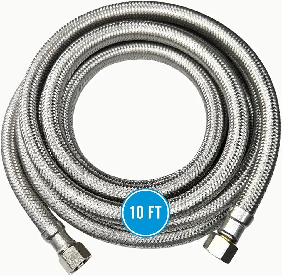 10 FT Braided Stainless Steel Water Supply Line Hose - 3/8 Inch x 3/8 Inch Compression Connections - Extra Long Dishwasher Water Hose, Faucet Supply Line Hose (10 Foot)
