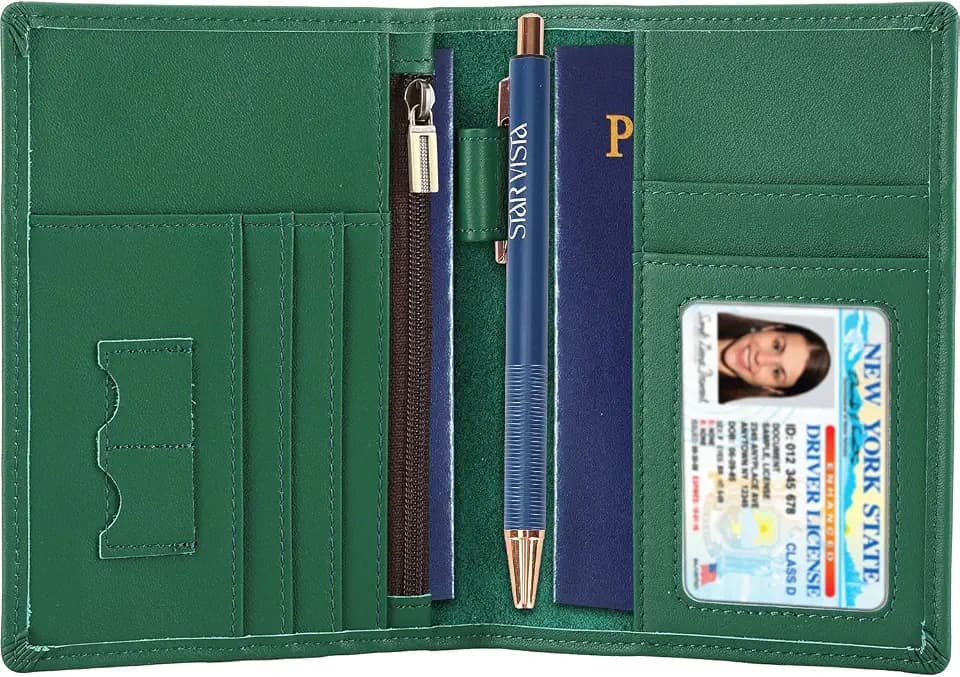 STAR VISTA Phoenix Leather Passport Holder, Calfskin Travel Wallet - RFID Blocking, ID Window, Zipper Pocket, Pen & Notebook Included, Mint