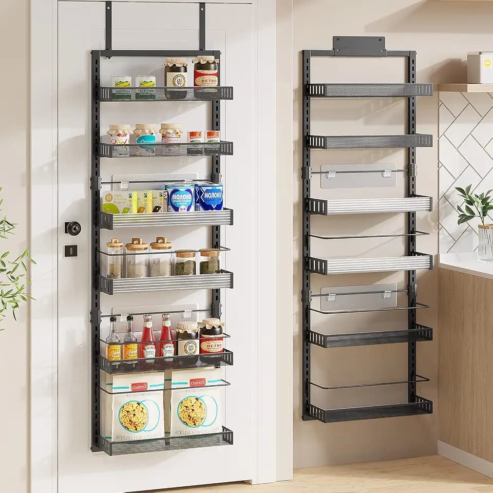 POKIPO Speisekammer-Organizer, 6-stöckig, groß, zur Wandmontage, Gewürzregal, robustes Metall, verstellbare Hängekörbe für Speisekammer, Schlafzimmer, Badezimmer, Wohnzimmer, Küche