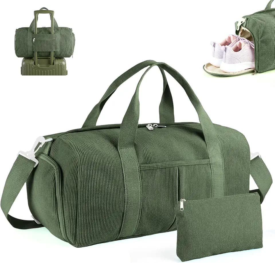 Corduroy Duffle Bag for Girls, Kids and Teens, Cute Dance and Gym Bag with Shoe Compartment, 30L Weekender Travel & Overnight Bag with Makeup Bag