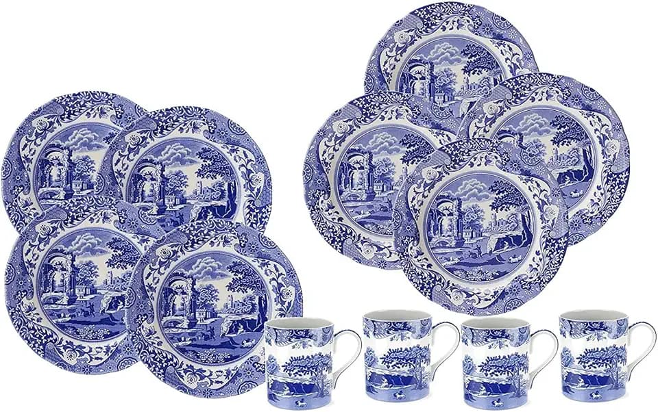 Spode Blaues italienisches Geschirr-Set, 12-teilig, Steingut-Teller und Tassen mit italienischen Landschaftsszenen, mikrowellengeeignetes Geschirr-Set für 4 Personen, spülmaschinen- und ofenfest