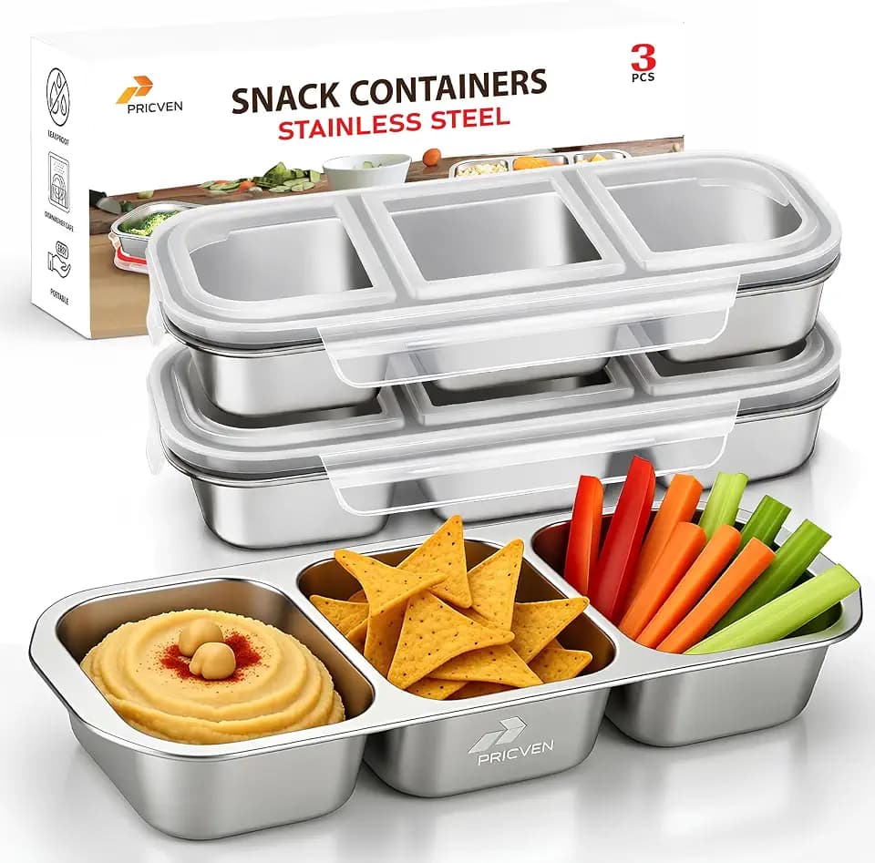 3 PACK Stainless Steel Snack Containers with Lids – 3 Compartment Grab and GO Snack Box Container Reusable – 2026 Upgraded Bento Lunch Box for Kids & Adults - Leakproof, Travel & Camping