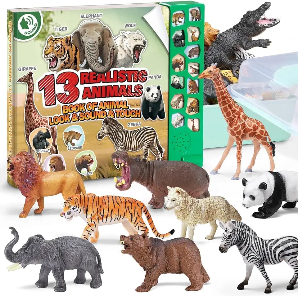 13 Jungle Animal Toy with Sound Book(On/Off), Plastic Wild Animal Figures