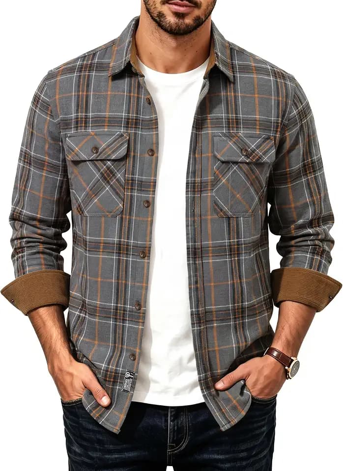 PJ PAUL JONES Men's Cotton Flannel Long Sleeve Button Down Plaid Work Shirt