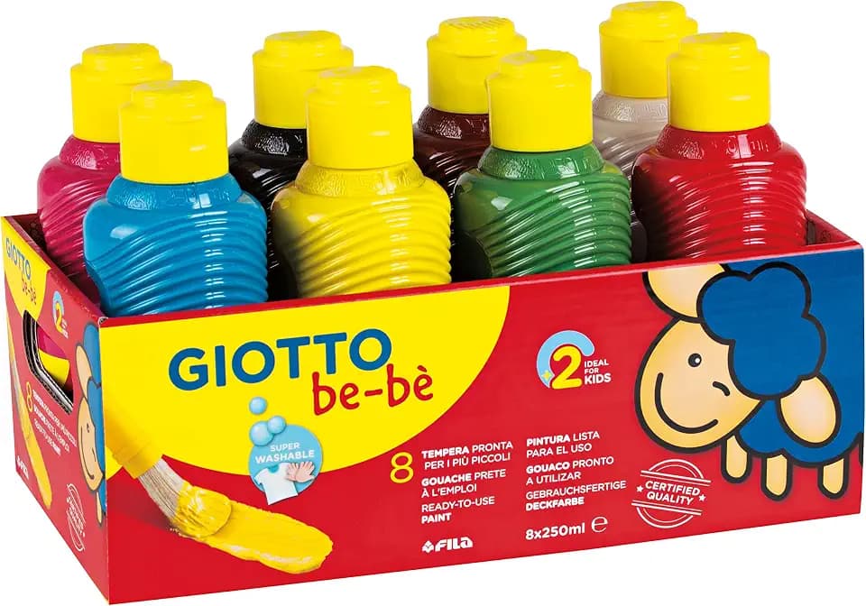 GIOTTO be-bè F532000: Temperafarben-Set für Kinder - 250 ml - mit 8 Farben - direkt malfertig - inklusive Dosierer in der Kappe - abwaschbar, farbig sortiert