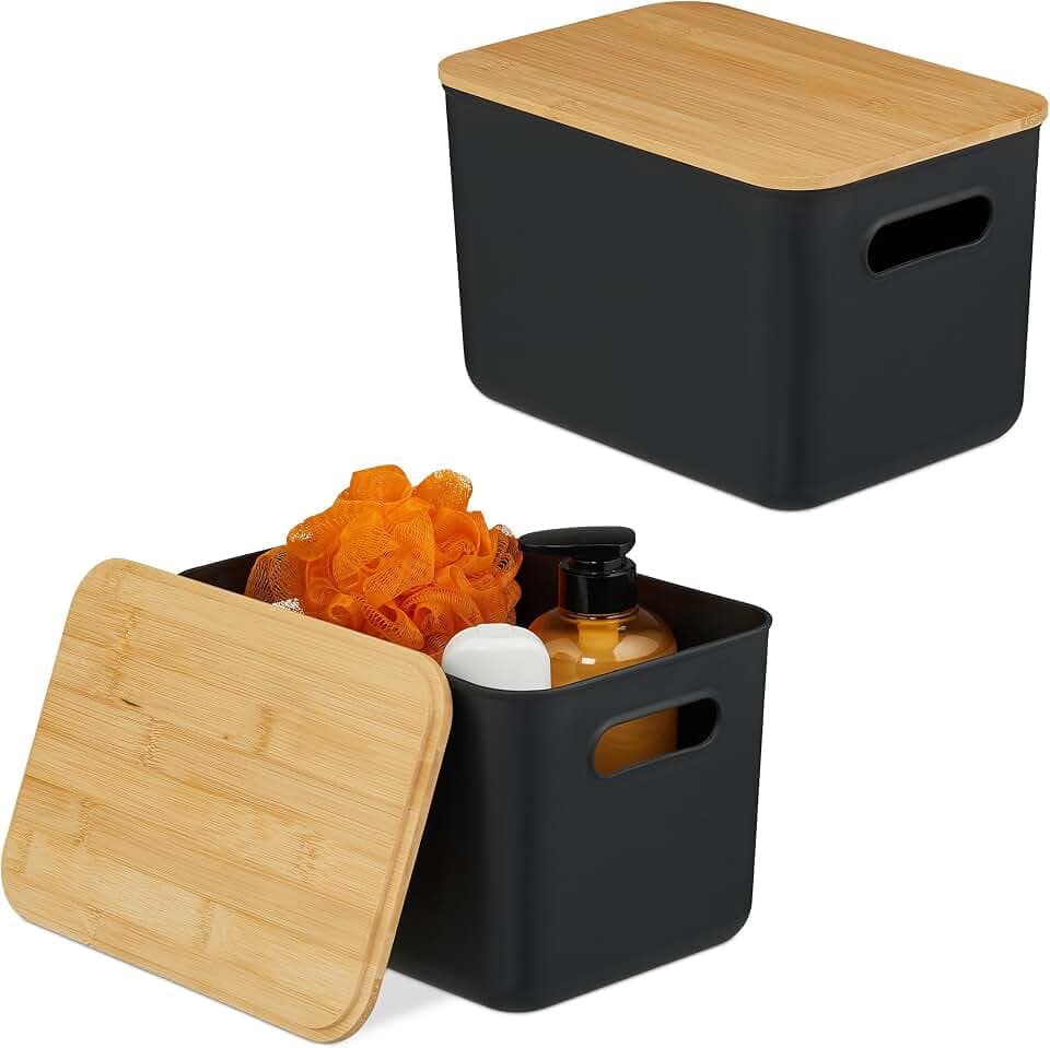 Relaxdays Aufbewahrungsbox, 2er Set, mit Deckel, schwarz