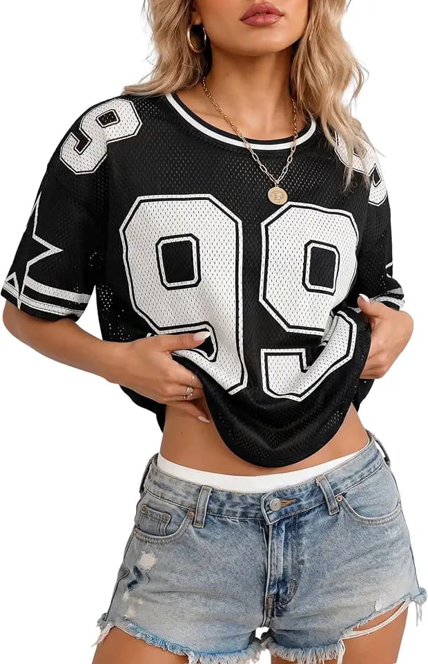 AKEWEI Jersey Shirts for Women Crewneck Short Sleeve Oversized Graphic Tees Y2K Tops Men Football T-Shirt