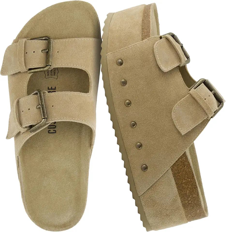 CUSHIONAIRE Guru Platform Sandals Women Footwear – Comfortable Genuine Leather Footbed Studded Chunky Slide Summer Sandals for Women