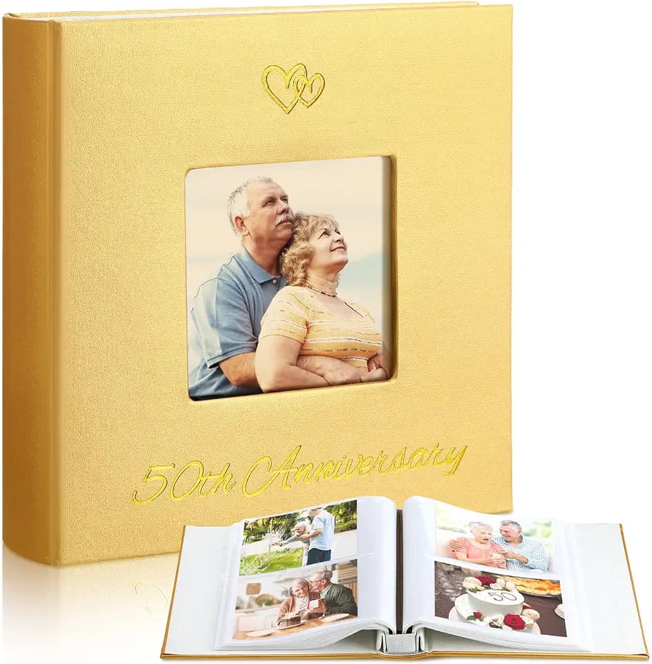Dunzoom 50th Anniversary Wedding Photo Album Leather Gold Heart Window