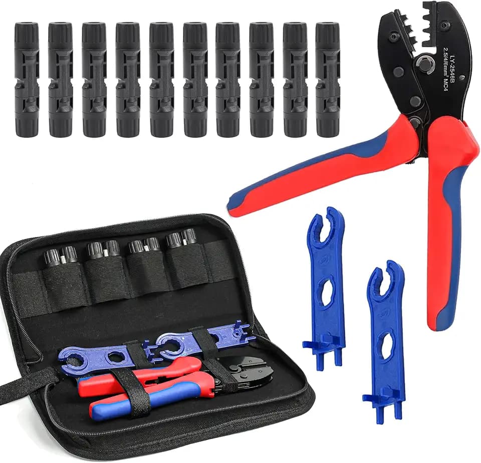 Solar Crimping Tool Kit for Solar Panel Cable Connectors 14-10AWG,mc4 connector kit Includes 10 Pairs 1000V 30A Connector, 2 PCS Spanner Wrench and Solar Crimper Tool for 2.5/4/6mm² PV Cable