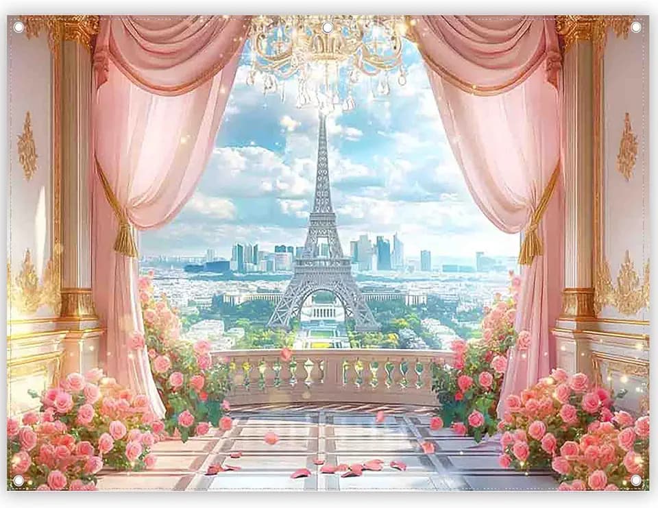 Fabric 8x6ft Spring Paris Terrace Eiffel Tower Backdrop