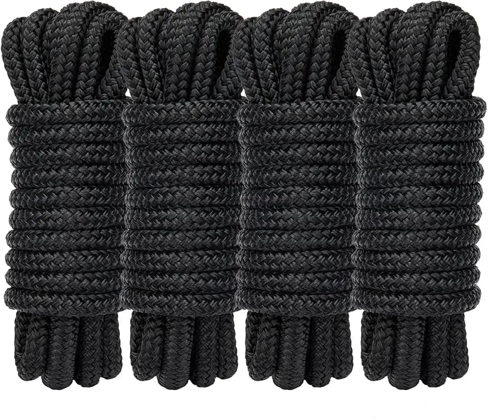 4 Pack 3/8" x 15’ Boat Dock Lines for Boat & Pontoon, Premium Marine- Grade Double Braided Nylon Dock Line, Pre-Spliced with a 12" Eyelet-Black,Boating Gifts for Men