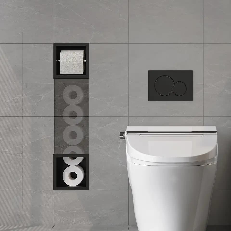 Unterputz-Schrankmodul Edelstahl mit Toilettenpapierhalter Eingebaute Badezimmerschrank Schmal Toilettenschrank, 74 x 15 x 14 cm, Schwarz