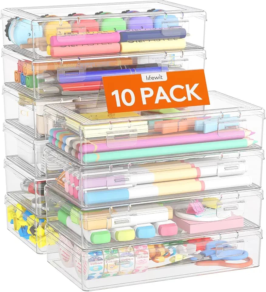 Lifewit 1L Stiftebox mit Snap-Dicht Deckel, Kunststoff Stifte Box Aufbewahrung Kinder, Bürobedarf Organizer, Klar Aufbewahrungsbox für Bastelbedarf Werkzeugteile, Art Craft, 10 Pack, 20 x 12 cm/8x4.6