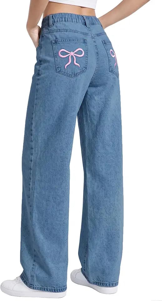 EXARUS Girls Bow Jeans Wide Leg Baggy Denim Pants Teen Dark Wash Blue 14Y