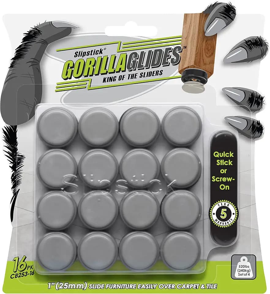 GorillaGlides 1 Inch Chair Sliders/Furniture Floor Protectors (16 Furniture Glides) Self-Adhesive Screw On Chair Glides for Sliding on Low-Pile Carpet & Hard Surface Floors, Round