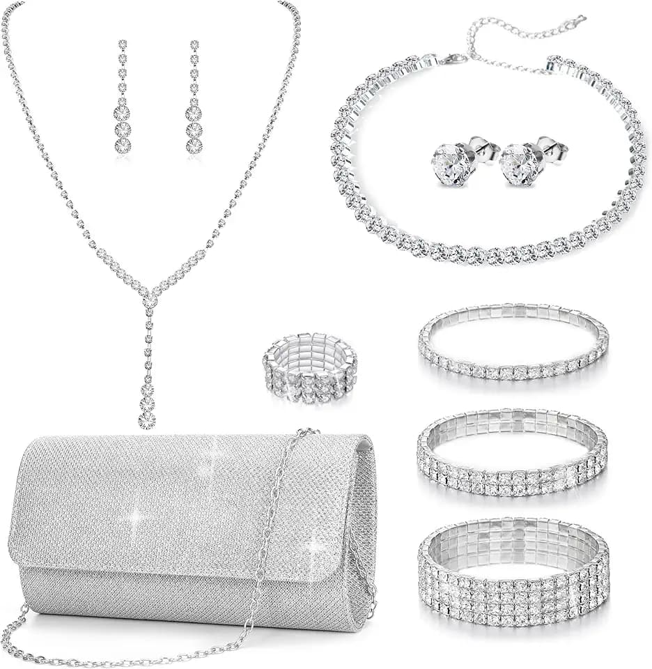 GIFIKOI 11Pcs Clutch Purse Crystal Jewelry Set for Women Shiny Rhinestone Jewelry Accessorie Set