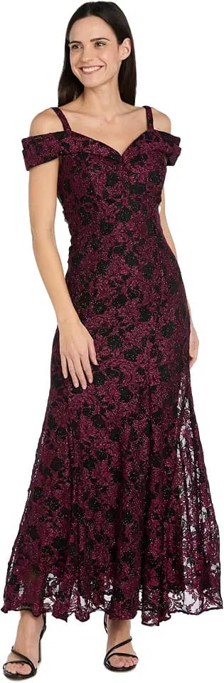 R&M Richards Women's Sparkly Lace Off Shoulder Mermaid Gown with Sweetheart Neckline for Wedding Guest, Cocktail Party, Gala
