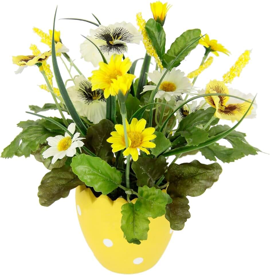 Kunstblumen Stiefmütterchen Margeriten im Topf Ei 22cm Ostergesteck Osterdeko Oster-Ei Tischdeko Deko Ostern Künstlich Frühlingsblume Unechte Blumen Frühjahrsdeko mini Blumen, gelb
