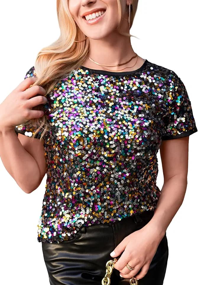Anna-Kaci Women's Sparkly Sequin Top Short Sleeve Glitter Concert Party Disco Shirt Blouse