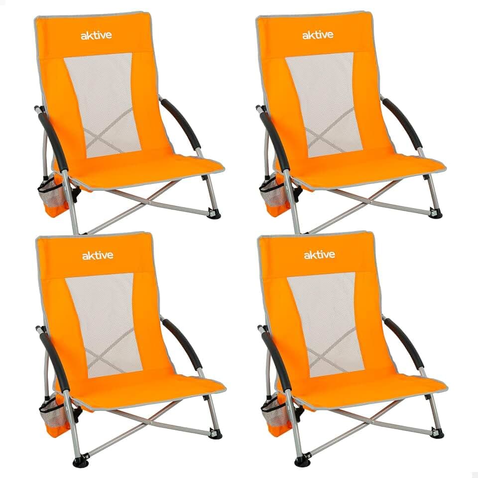 AKTIVE Set mit 4 Klappstühlen, niedriger Sitz, 50 x 51 x 67 cm, aus Stahl, Polyester und Mesh, gepolsterte Armlehnen, mit seitlichen Untersetzern, max. 110 kg, inklusive Tragetasche (85499)