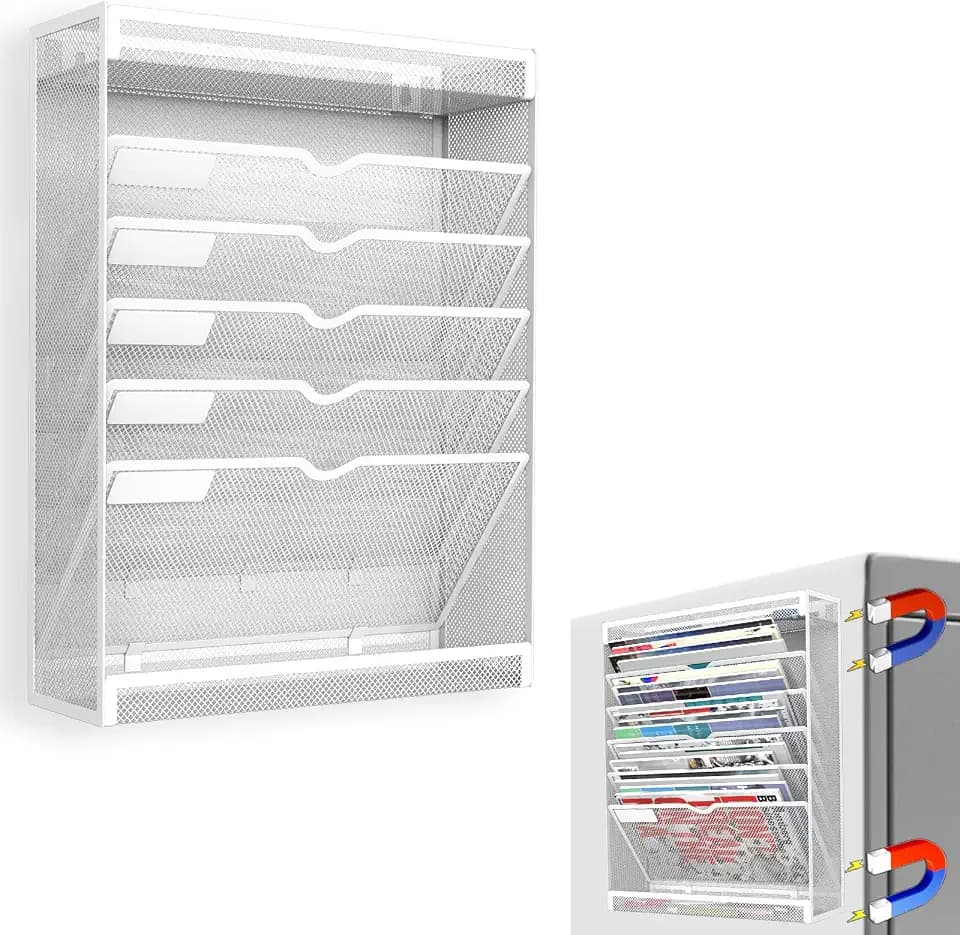 7 Tier Magnetic File Holder, No Drilling Wall File Organizer for File Cabinets Whiteboard Refrigerator,Office,Classroom, Hanging Paper Folder Holder, White