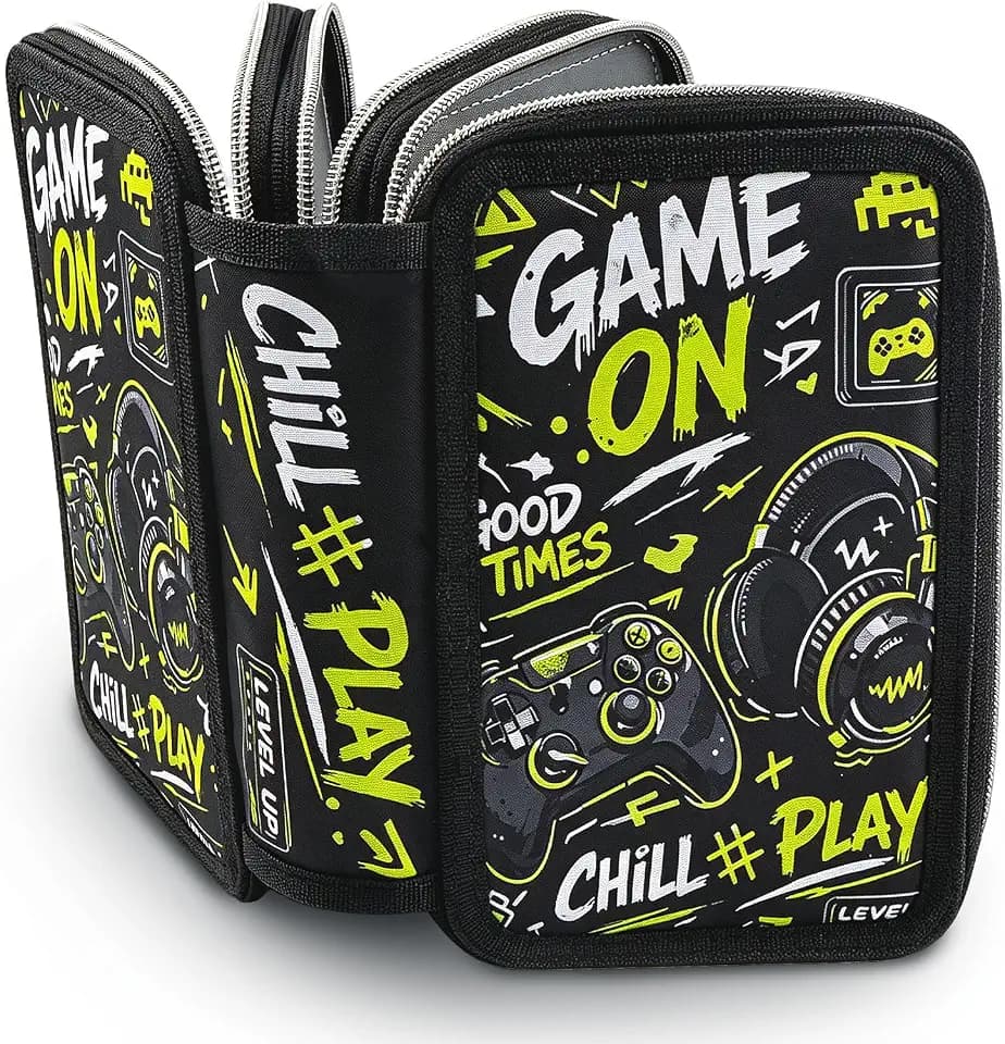 Gaming Federmäppchen Jungen 3 Fächer, Schwarz