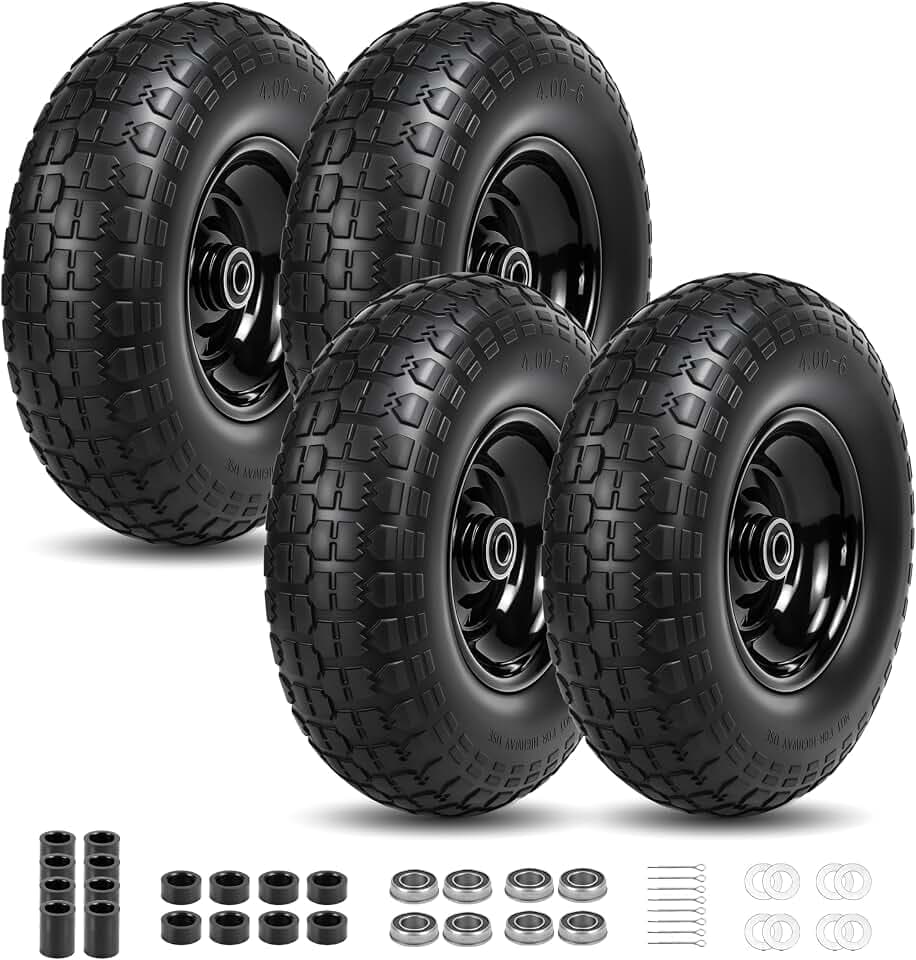 4Pc,4.00-6 Flat Free tire and wheel, 13" turf Replacement for Gorilla Cart
