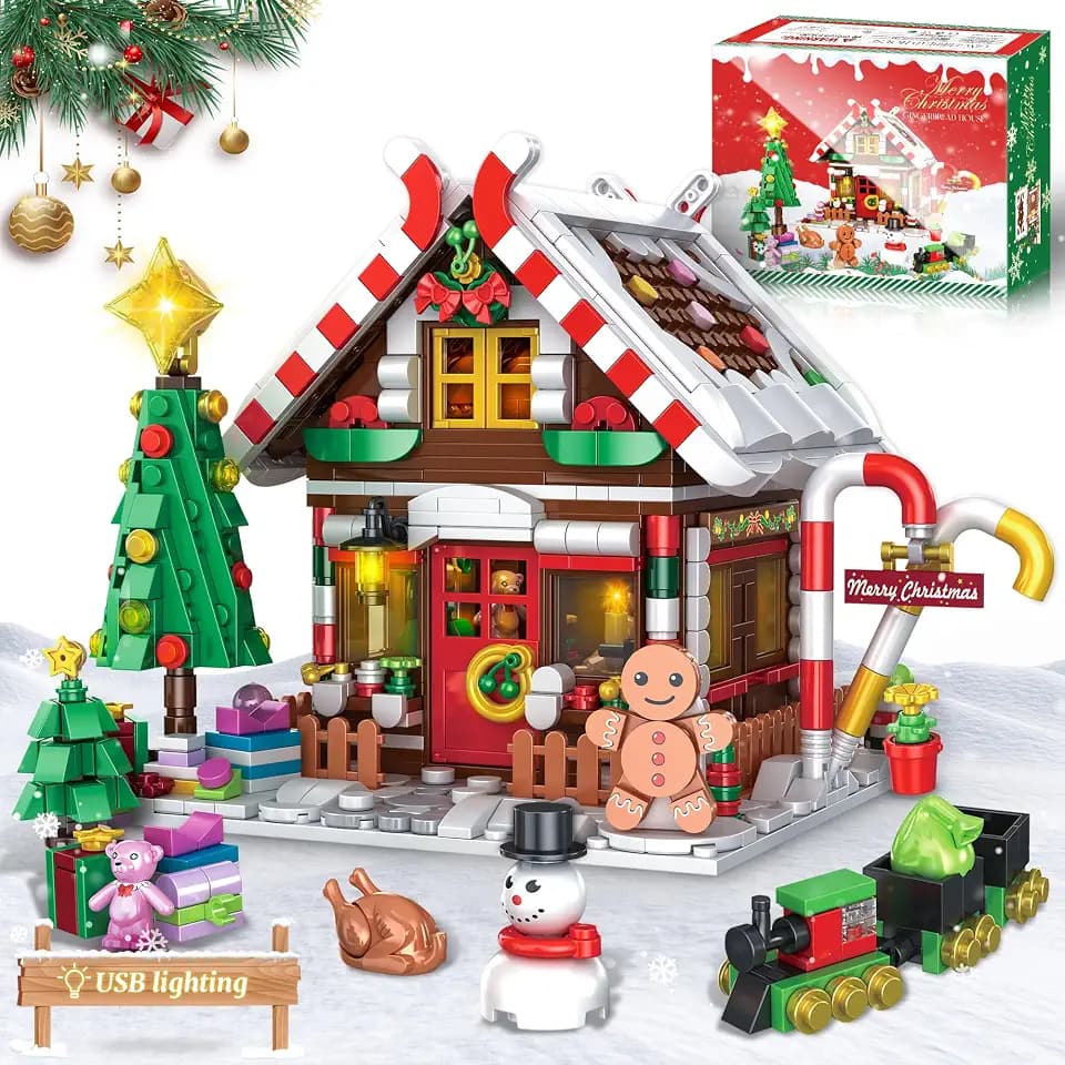 Christmas Gingerbread House Building Block with LED Lights, Christmas Village House Blocks Set with Christmas Tree and Train, Perfect Xmas Holiday for Adults, 1288Pcs