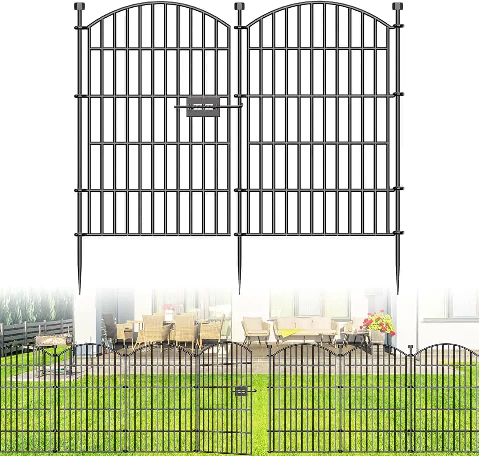 10 Paneele Dekorative Gartenzaun mit Tür, 80 cm (H) x 5,2 m (L) Steckzaun