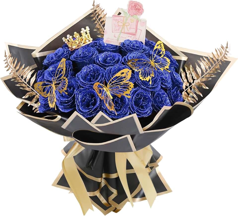 24 Stück Glitzer Rosenstrauß, DIY Künstliche Rosen Blau
