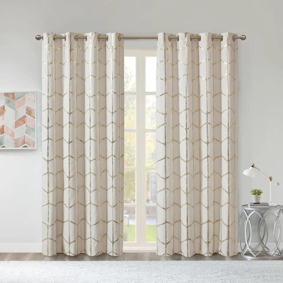 Intelligent Design Blackout Curtain, Metallic Print 2-PK 50x84 Ivory/Gold