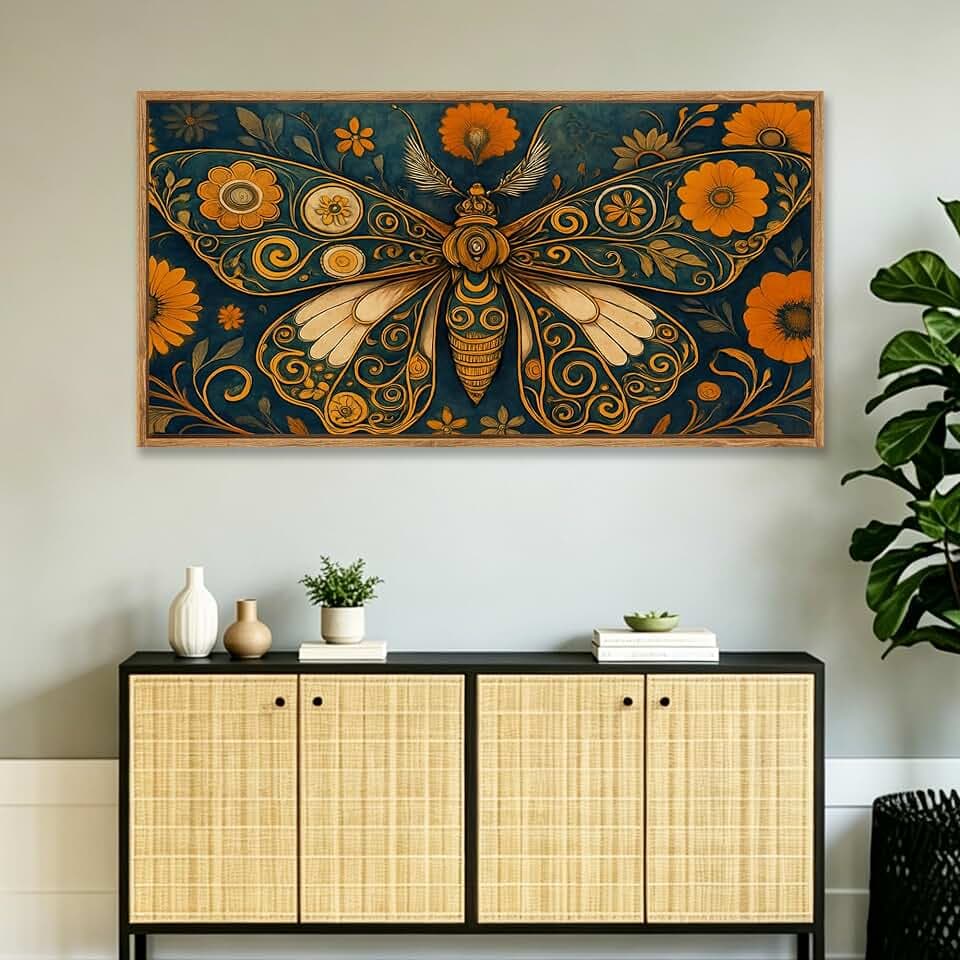 60"x30" Extra Large Framed Canvas Wall Art,Vintage Beautiful Butterfly in Flowers Fine Art Prints for Living Room Bedroom Natural Frame