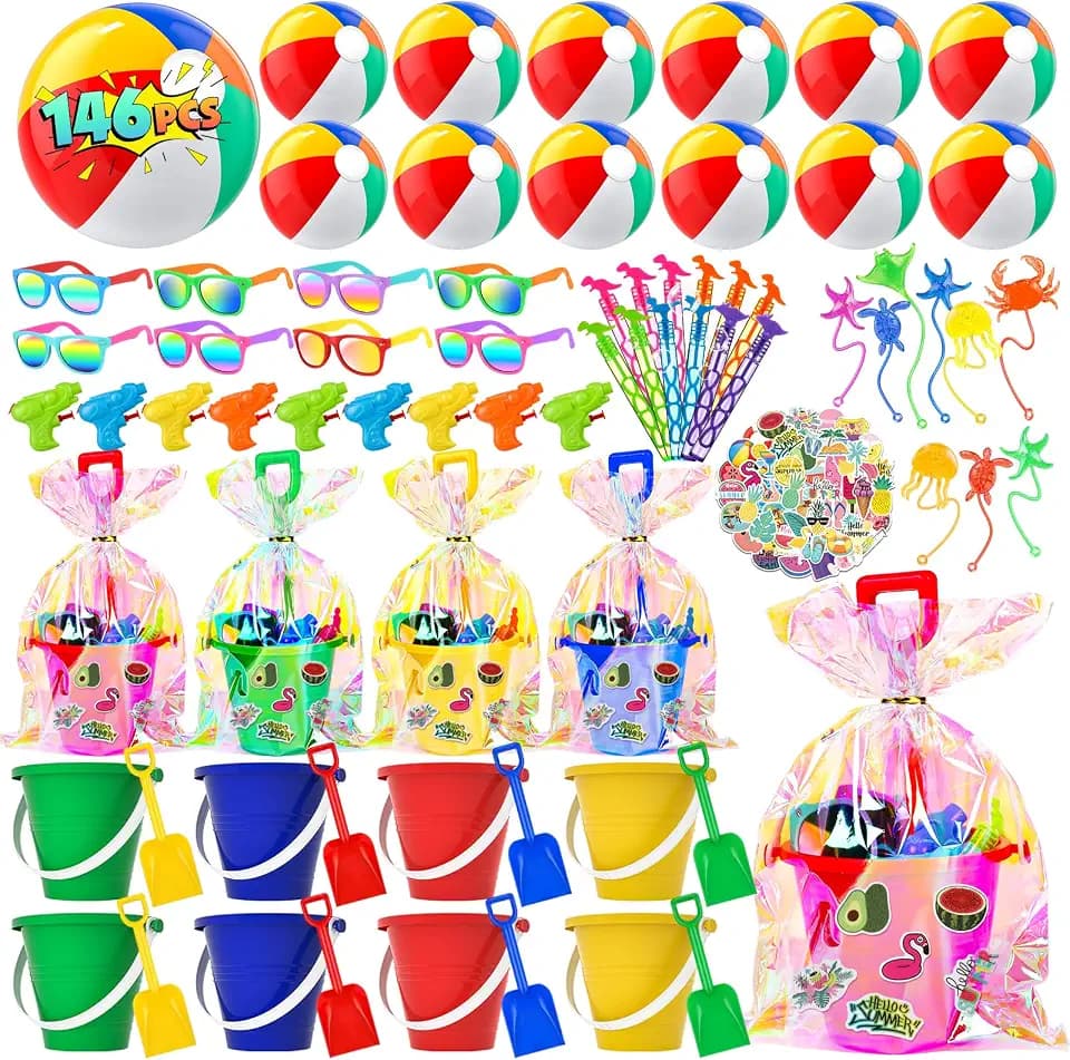 YADIYA Pool Party Favors，Beach Summer Party Favors for Kids,146 PCS Beach Toys For Kids Ages 4-8,Summer Toys with Beach Balls,Kids Sunglasses,Sand Buckets,Sticky Toys-Pool Party Decorations