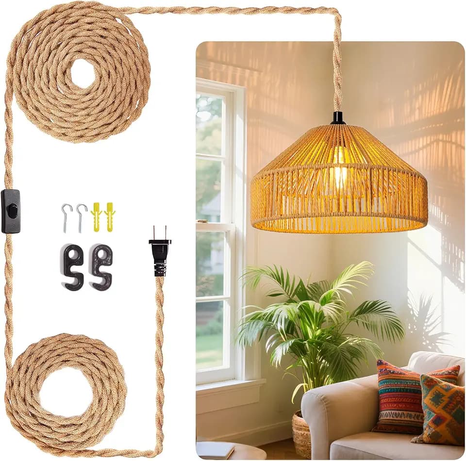 Maliralt Hanging Lamps Rattan Pendant Light Hanging Lights 16.4ft Plug in Cord Pendant Light Fixture Plug Into Wall Outlet Pendant Lighting with On Off Switch for Bedroom Living (Mongolian Yurt)
