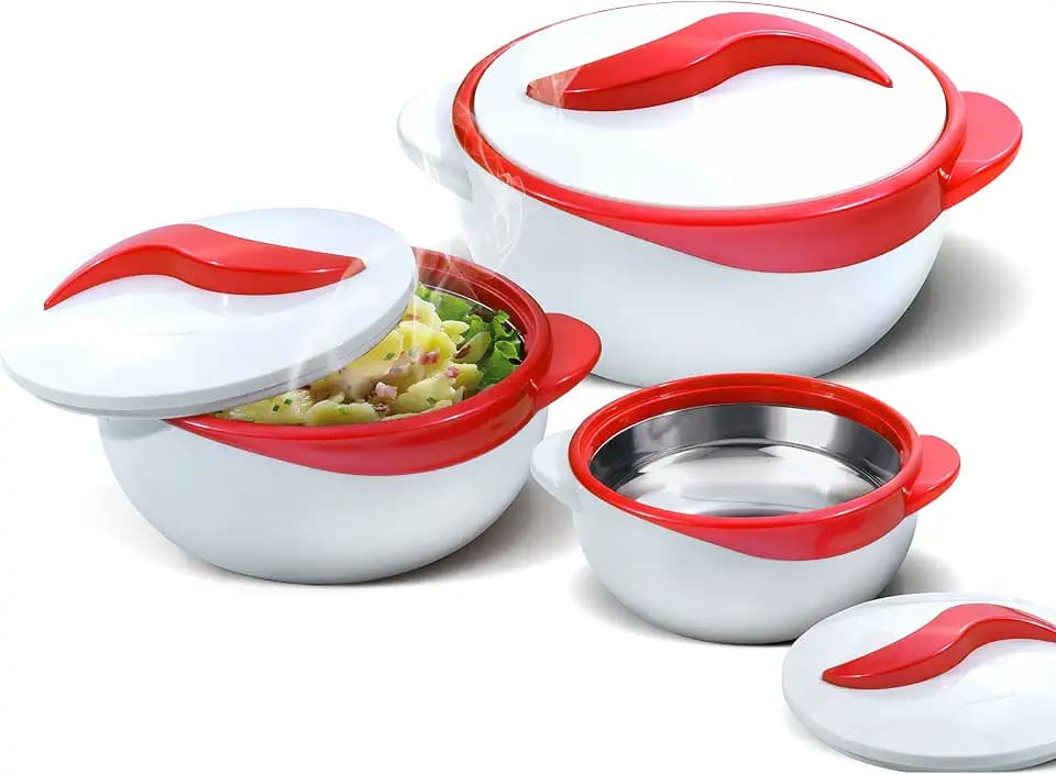 Pinnacle Servierschüssel für Salat/Suppenteller – Thermo-Schüssel mit Deckel – tolle Schüssel für den Urlaub, Abendessen und Party, 3 Stück (Rot)