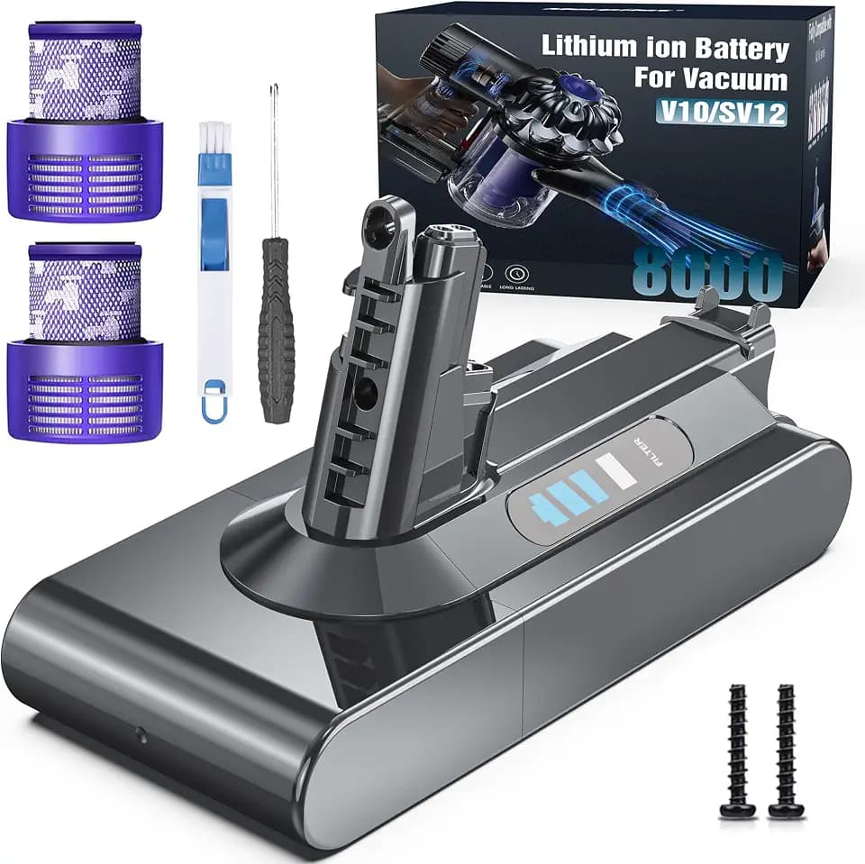 Morpilot 8000mAh Akku für Dyson V10 SV12, Ersatzakku für Absolute Animal Motorhead Fluffy Extra Cyclone Akku-Staubsauger mit 2 Filtern