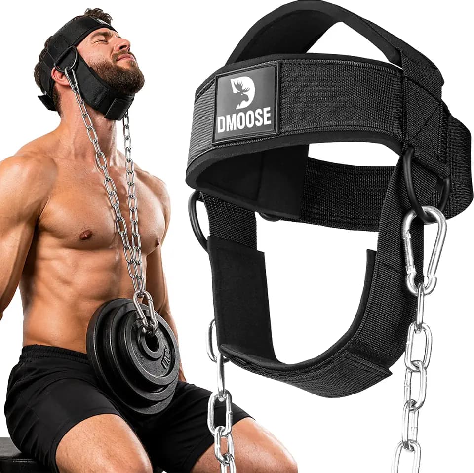 DMoose Fitness Neck Harness for Weight Lifting - Soft Padded Head & Chin Strap with 30" Heavy Duty Steel Chain - Neck Exerciser, Trainer & Strengthener to Support Injury Recovery and Intense Workouts