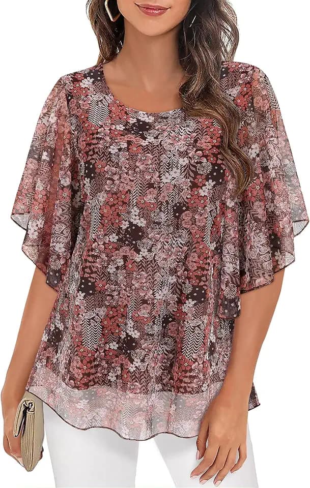 Syphiby Womens Blouses Ruffle 3/4 Sleeve Mesh Ladies Tops Chiffon Double-Layered Tunic Tops Loose Flowy Shirts