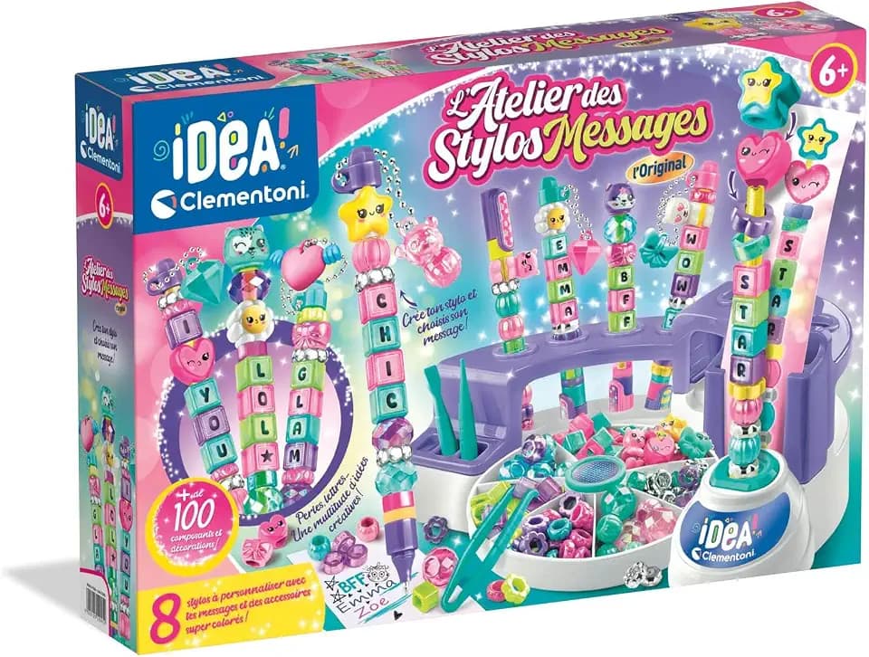 Clementoni | L'Atelier des Stifts – Edition Nachrichten | Kreativ-Set für Kinder ab 6 Jahren | Erstelle 8 personalisierte Stifte mit Alphabet-Perlen, Aufklebern und Figuren | Spielerische manuelle