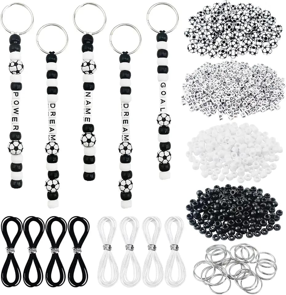 1112 Pcs Soccer Keychain DIY Making Kit, Adjustable Handmade Soccer Bead Keychain with Letter Charm, Sports Theme Party Gift, Backpack Pendant Holiday Decor