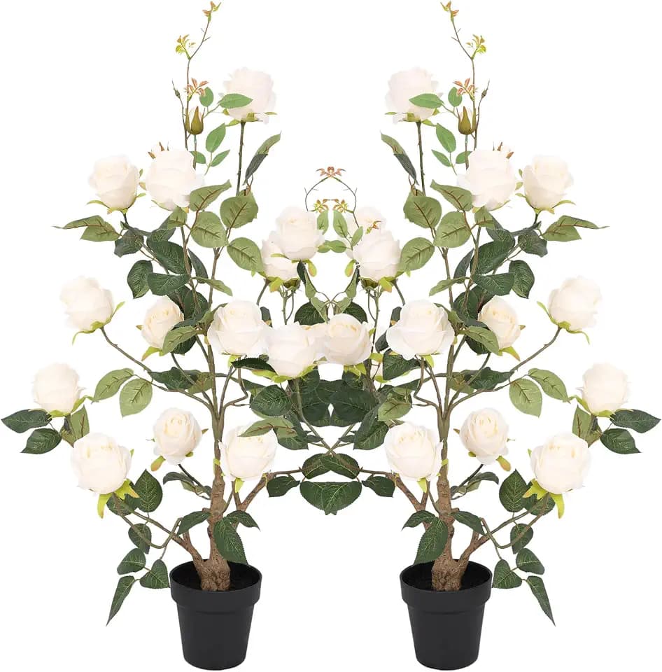 Bellacat 3ft Artificial Rose Bushes with Cream White Flowers, 36in Faux Rose Bush with Lifelike Leaves, Fake Roses Flower Tree for Patio Porch Living Room Indoor & Outdoor Decor, 2 Pack